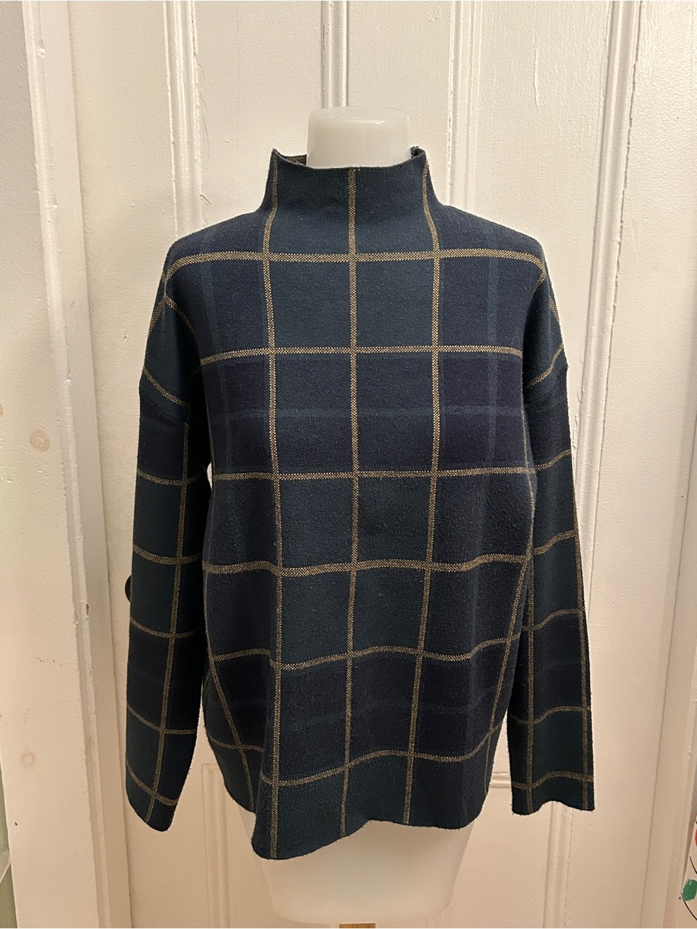 Tahari Navy & Tan Windowpane Mockneck